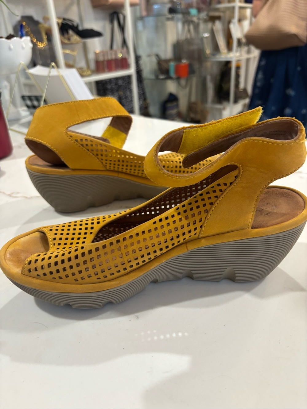 Clarks Mustard Yellow Perforated Wedge Sandals